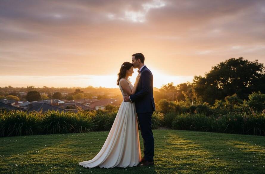 An epic moment captured in Oakleigh East pre-wedding photography, featuring a couple in a loving embrace during golden hour in a lush local park, with dramatic backlighting and professional colour grading.