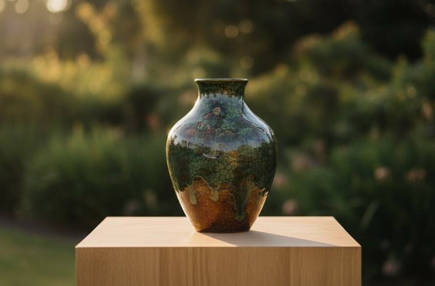 Dramatic photograph capturing a beautifully lit artisanal ceramic vase on a natural wooden plinth, with soft, golden hour light filtering through eucalyptus trees in an Oakleigh East studio, highlighting intricate details, representing professional Oakleigh East Product Photography for Online Retailers.