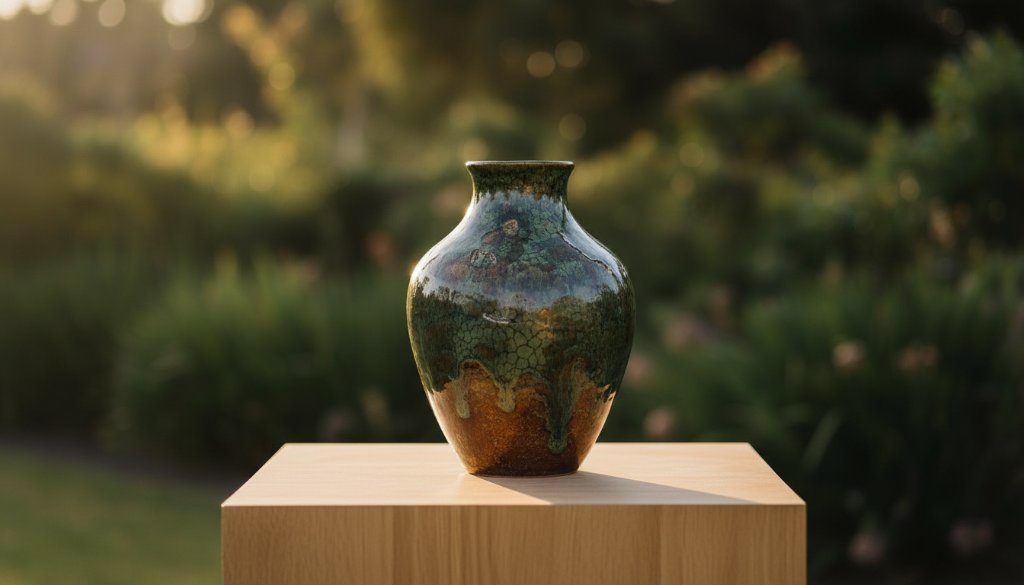 Dramatic photograph capturing a beautifully lit artisanal ceramic vase on a natural wooden plinth, with soft, golden hour light filtering through eucalyptus trees in an Oakleigh East studio, highlighting intricate details, representing professional Oakleigh East Product Photography for Online Retailers.