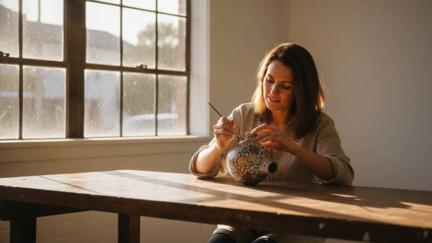 Dynamic, cinematic photograph showcasing a creative professional in Oakleigh East presenting their work, bathed in warm, dramatic lighting, reflecting the essence of an Oakleigh East small business branding photography package.