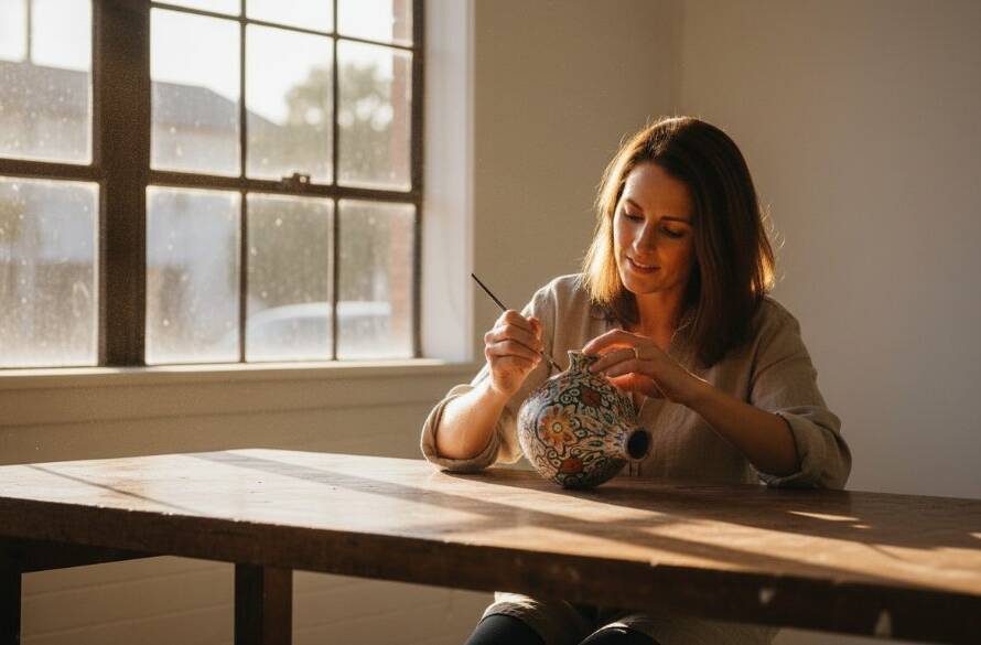 Dynamic, cinematic photograph showcasing a creative professional in Oakleigh East presenting their work, bathed in warm, dramatic lighting, reflecting the essence of an Oakleigh East small business branding photography package.