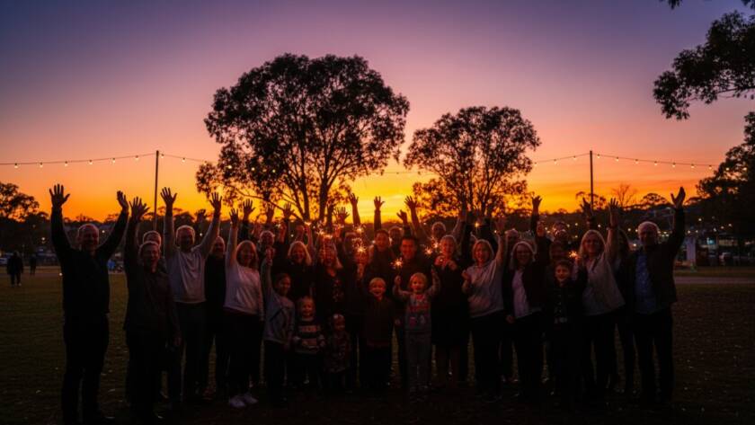A wide-angle, vibrant, professional photograph showcasing an 'epic moment' from an outdoor community festival in Oakleigh East, Victoria, with joyful attendees silhouetted against a setting sun, celebrating, embodying Oakleigh East vibrant event photography.