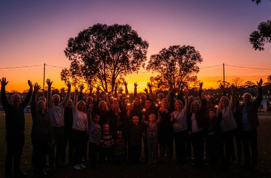 A wide-angle, vibrant, professional photograph showcasing an 'epic moment' from an outdoor community festival in Oakleigh East, Victoria, with joyful attendees silhouetted against a setting sun, celebrating, embodying Oakleigh East vibrant event photography.