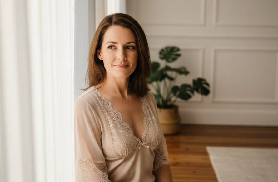 A dramatic, professionally lit photograph of a confident woman in a elegant, flowing robe, striking a powerful pose against a softly blurred, sophisticated backdrop reminiscent of an Oakleigh studio, capturing her Oakleigh empowering boudoir photography experience.