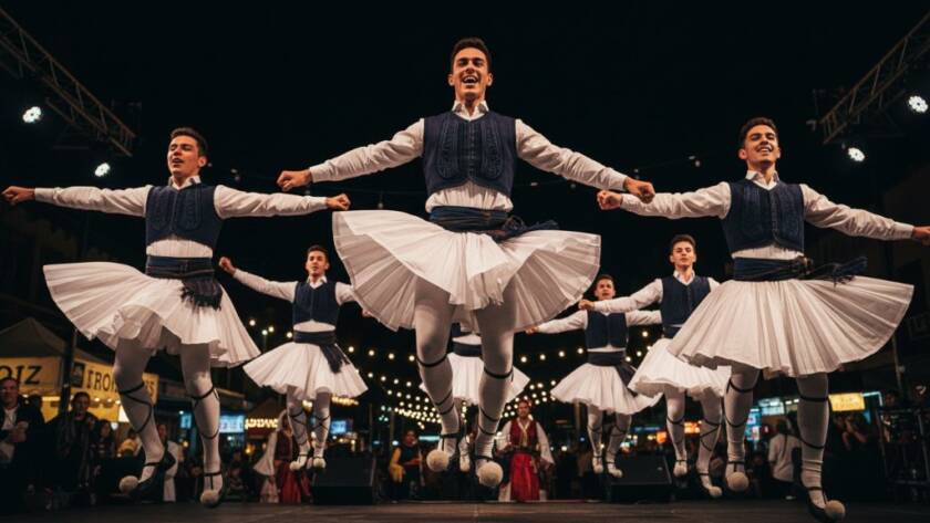 An Oakleigh event photographer for vibrant cultural festivals captures a high-energy moment of traditional Greek dancers in colourful costumes performing at the Lonsdale Street Festival under dramatic evening lights, showcasing joy and movement.