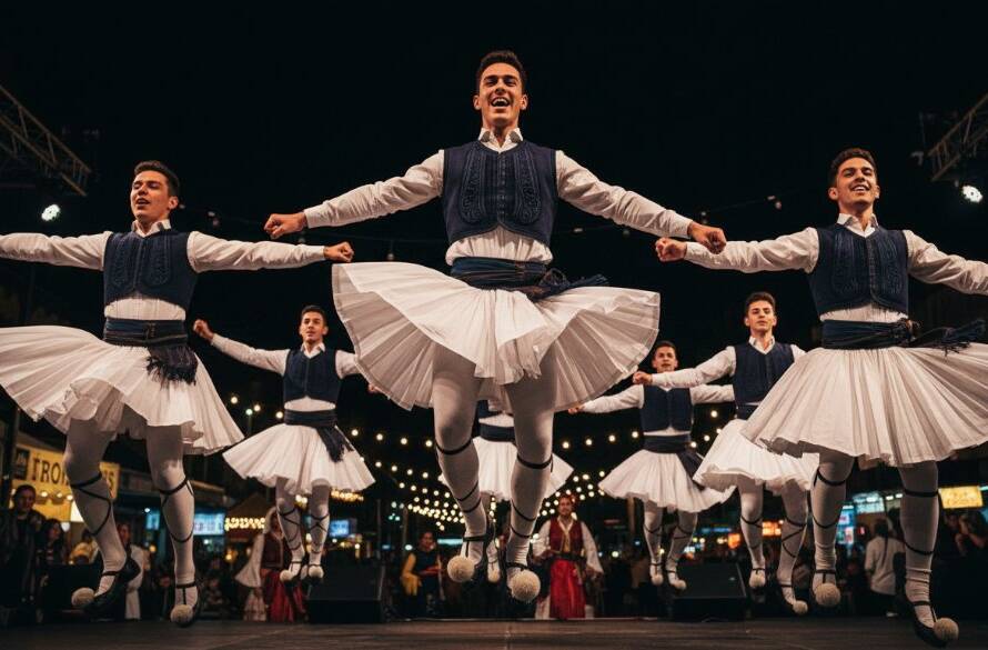 An Oakleigh event photographer for vibrant cultural festivals captures a high-energy moment of traditional Greek dancers in colourful costumes performing at the Lonsdale Street Festival under dramatic evening lights, showcasing joy and movement.