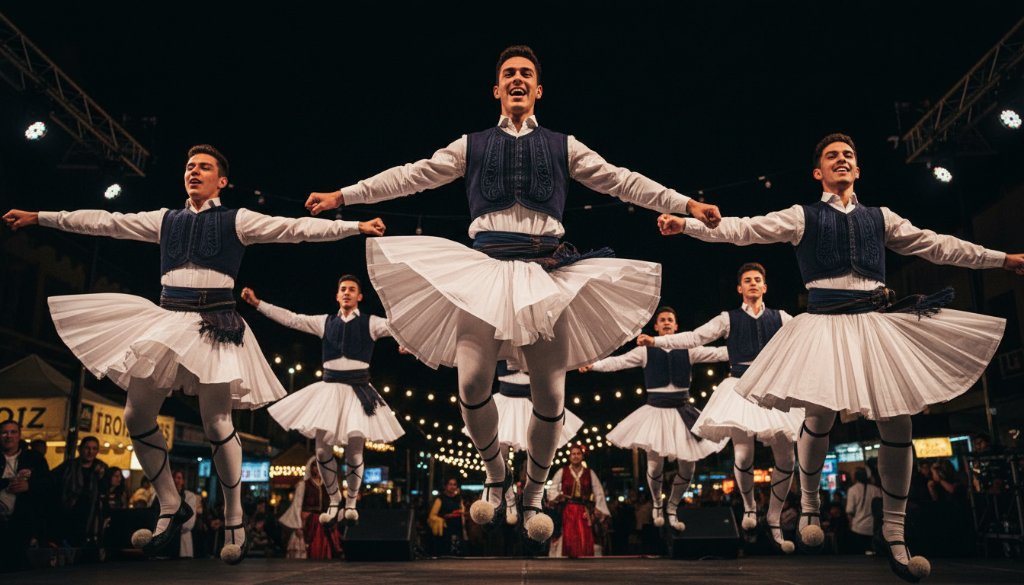 An Oakleigh event photographer for vibrant cultural festivals captures a high-energy moment of traditional Greek dancers in colourful costumes performing at the Lonsdale Street Festival under dramatic evening lights, showcasing joy and movement.