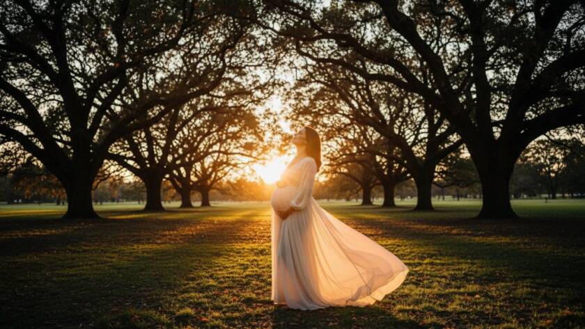 A radiant pregnant woman in a flowing cream gown, backlit by the warm, golden hour sun, standing gracefully amidst the lush, ancient oak trees of Warrawee Park in Oakleigh, capturing the essence of Oakleigh maternity photography with elegant ethereal glow.