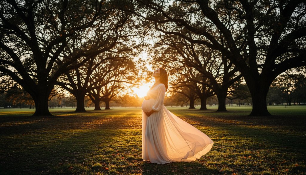 A radiant pregnant woman in a flowing cream gown, backlit by the warm, golden hour sun, standing gracefully amidst the lush, ancient oak trees of Warrawee Park in Oakleigh, capturing the essence of Oakleigh maternity photography with elegant ethereal glow.