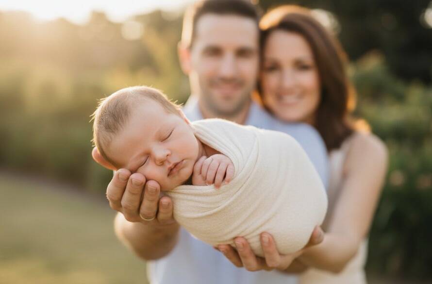 An intimate and beautifully lit Oakleigh newborn photography precious moments capture, featuring a peaceful baby swaddled in soft fabrics, held gently by parents, with a shallow depth of field highlighting their tiny features and the emotional connection.