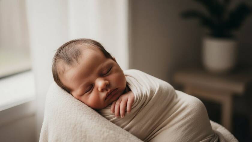 A breathtaking and emotionally resonant professional photograph of an Oakleigh newborn photography session gentle moments, showing a tiny baby nestled peacefully in soft, ethereal fabric, bathed in warm, dramatic natural light from a large window, creating a serene and timeless composition. The background subtly hints at a cosy, modern home in Oakleigh, Victoria, with a soft focus on the details of the baby's delicate features, evoking a profound sense of peace and new beginnings.