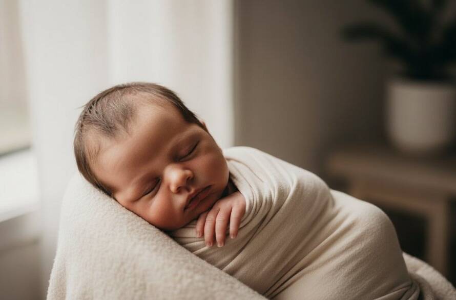 A breathtaking and emotionally resonant professional photograph of an Oakleigh newborn photography session gentle moments, showing a tiny baby nestled peacefully in soft, ethereal fabric, bathed in warm, dramatic natural light from a large window, creating a serene and timeless composition. The background subtly hints at a cosy, modern home in Oakleigh, Victoria, with a soft focus on the details of the baby's delicate features, evoking a profound sense of peace and new beginnings.