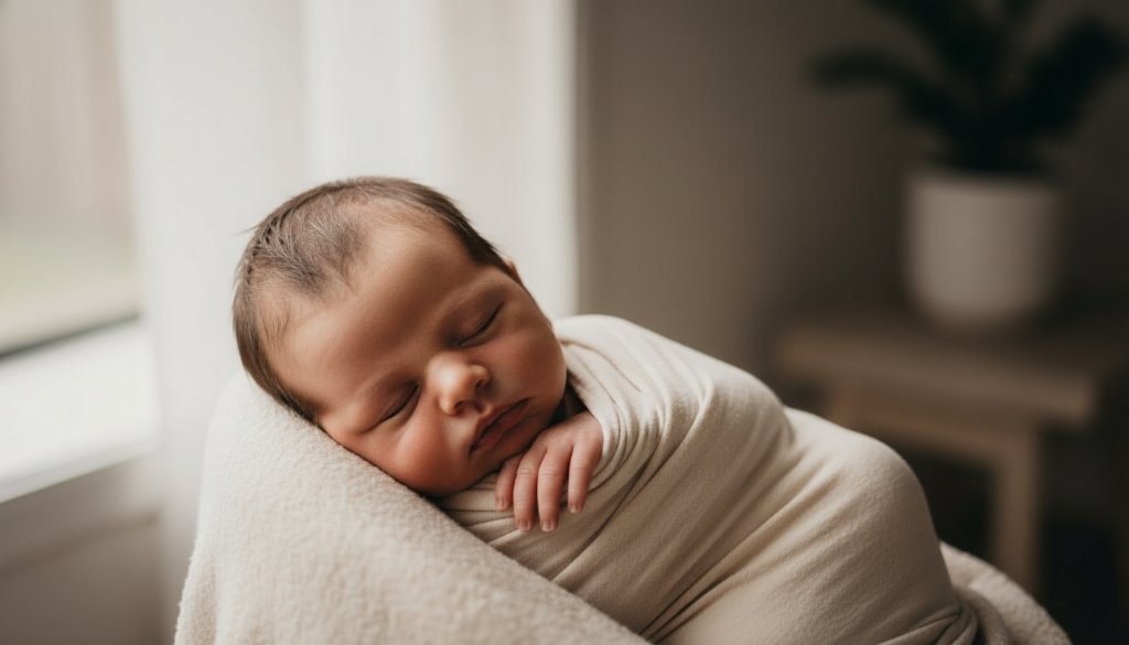 A breathtaking and emotionally resonant professional photograph of an Oakleigh newborn photography session gentle moments, showing a tiny baby nestled peacefully in soft, ethereal fabric, bathed in warm, dramatic natural light from a large window, creating a serene and timeless composition. The background subtly hints at a cosy, modern home in Oakleigh, Victoria, with a soft focus on the details of the baby's delicate features, evoking a profound sense of peace and new beginnings.