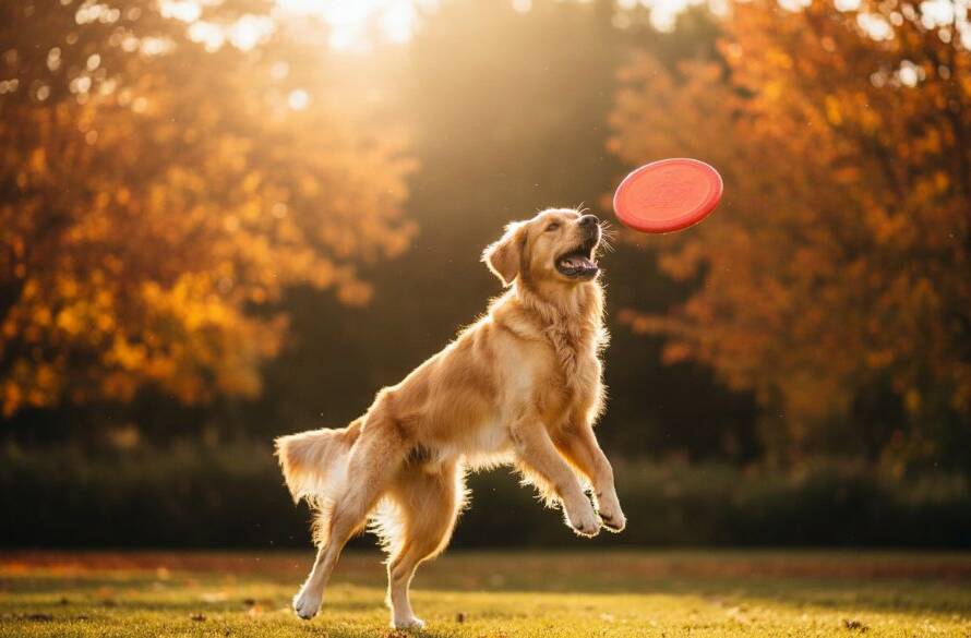 A heartwarming image demonstrating Oakleigh Pet Photography Capturing Joyful Furry Moments, featuring a golden retriever joyfully leaping through autumn leaves in Warrawee Park, Oakleigh, with golden hour sunlight creating dramatic lens flare and a sense of pure exhilaration, professional photography with vibrant colour grading.