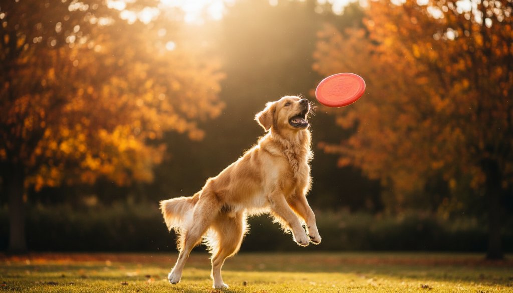 A heartwarming image demonstrating Oakleigh Pet Photography Capturing Joyful Furry Moments, featuring a golden retriever joyfully leaping through autumn leaves in Warrawee Park, Oakleigh, with golden hour sunlight creating dramatic lens flare and a sense of pure exhilaration, professional photography with vibrant colour grading.