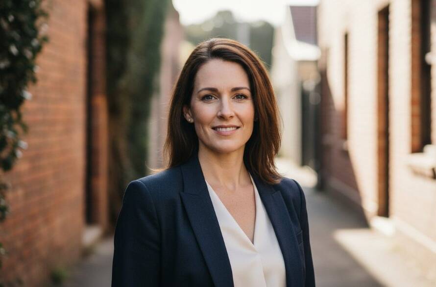 A confident professional in Oakleigh professional headshots natural light modern style, captured with dramatic side lighting against a subtle, blurred urban backdrop, exuding approachability and expertise.