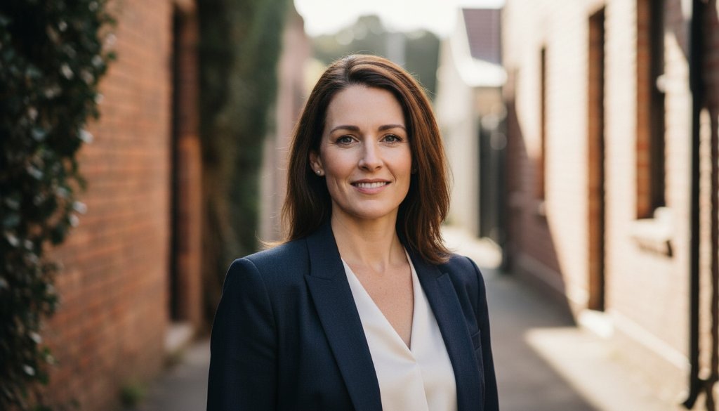 A confident professional in Oakleigh professional headshots natural light modern style, captured with dramatic side lighting against a subtle, blurred urban backdrop, exuding approachability and expertise.