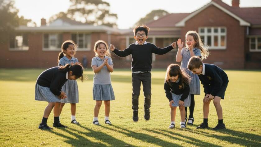 A vibrant, wide-angle shot of a group of diverse students in Oakleigh school photography capturing genuine student joy, laughing and high-fiving on a sunny school oval, with Oakleigh's leafy surrounds in the background, captured in an epic, professional, and colour-graded moment.