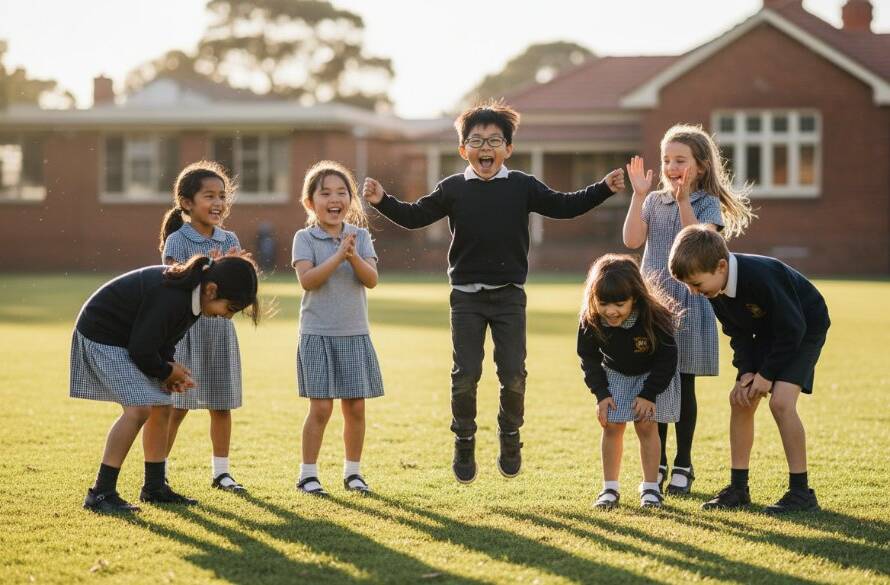 A vibrant, wide-angle shot of a group of diverse students in Oakleigh school photography capturing genuine student joy, laughing and high-fiving on a sunny school oval, with Oakleigh's leafy surrounds in the background, captured in an epic, professional, and colour-graded moment.