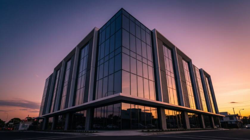 Dramatic wide-angle shot of a modern commercial building in Oakleigh South at dusk, with sleek glass facades reflecting the golden hour light, captured by expert Oakleigh South commercial architectural photography.