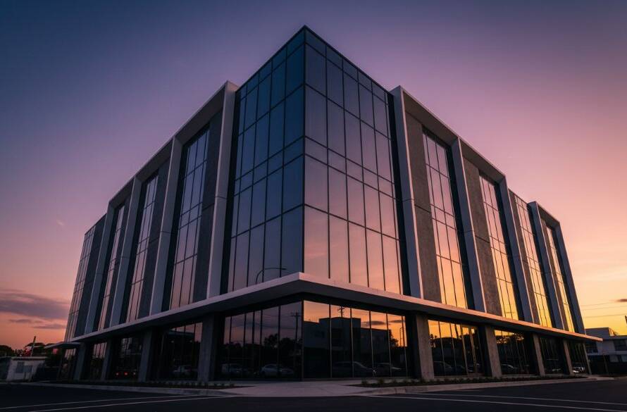 Dramatic wide-angle shot of a modern commercial building in Oakleigh South at dusk, with sleek glass facades reflecting the golden hour light, captured by expert Oakleigh South commercial architectural photography.