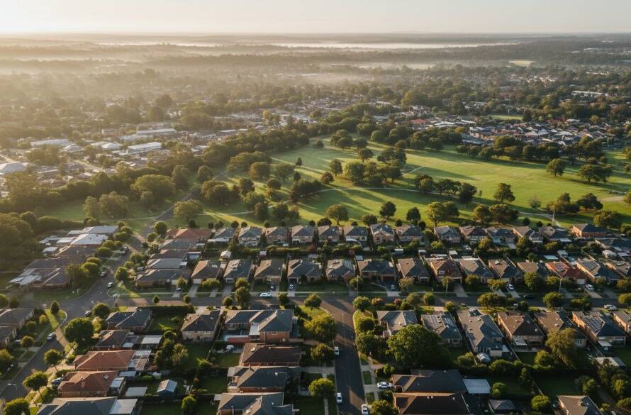 An epic aerial shot of the Oakleigh South neighbourhood at sunrise, showcasing vast green spaces and residential streets under a golden glow, captured with professional Oakleigh South drone photography capturing unique aerial perspectives.