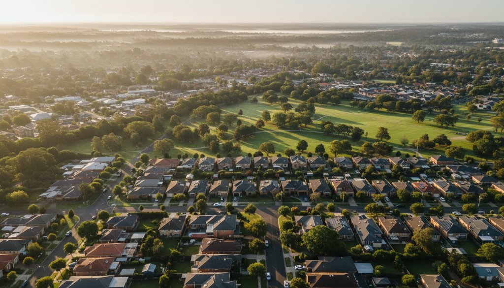 An epic aerial shot of the Oakleigh South neighbourhood at sunrise, showcasing vast green spaces and residential streets under a golden glow, captured with professional Oakleigh South drone photography capturing unique aerial perspectives.