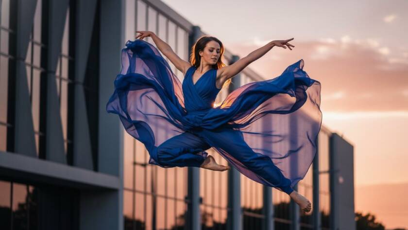 A powerful, dramatically lit photograph showcasing a dancer mid-leap, perfectly encapsulating Oakleigh South dynamic dance photography capturing movement with grace and strength against a blurred urban background.