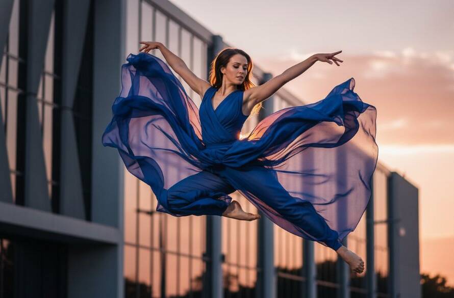 A powerful, dramatically lit photograph showcasing a dancer mid-leap, perfectly encapsulating Oakleigh South dynamic dance photography capturing movement with grace and strength against a blurred urban background.