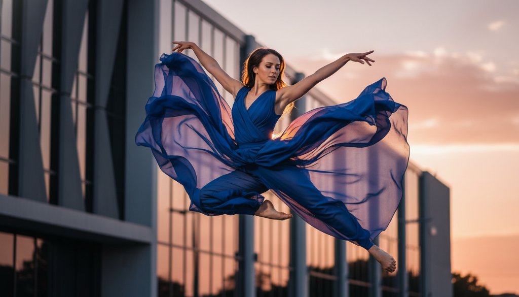 A powerful, dramatically lit photograph showcasing a dancer mid-leap, perfectly encapsulating Oakleigh South dynamic dance photography capturing movement with grace and strength against a blurred urban background.