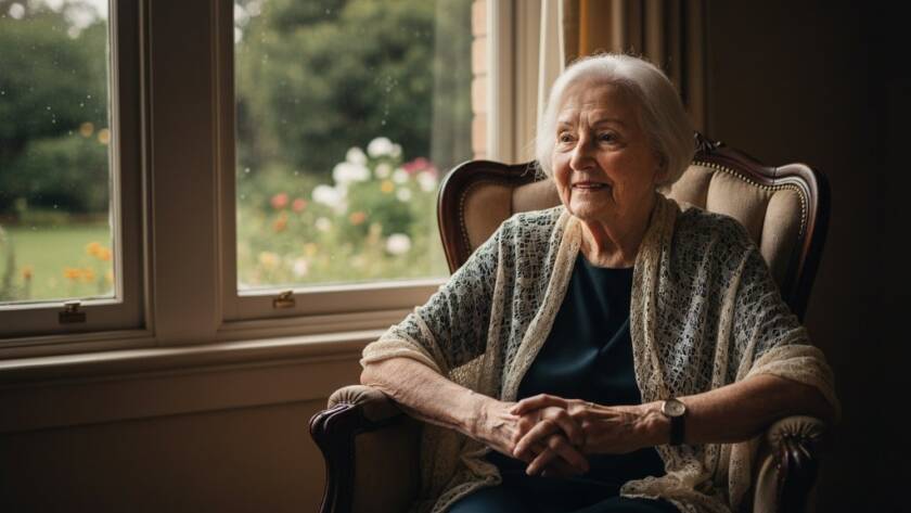 A dramatic, finely lit black and white portrait of a thoughtful elderly woman gazing out a window in a heritage Oakleigh South home, embodying Oakleigh South fine art photography for personal legacy with emotional depth.