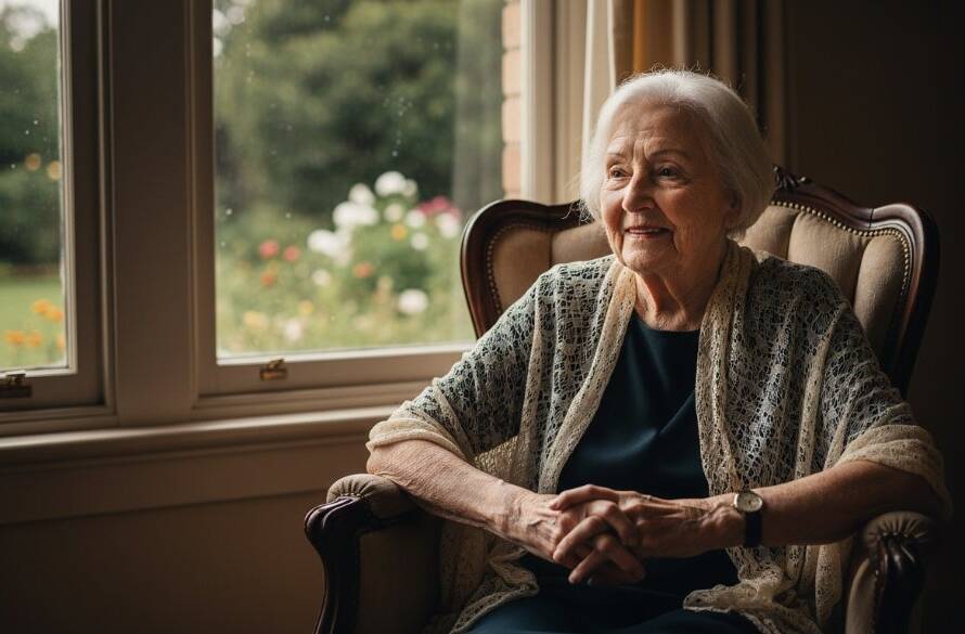 A dramatic, finely lit black and white portrait of a thoughtful elderly woman gazing out a window in a heritage Oakleigh South home, embodying Oakleigh South fine art photography for personal legacy with emotional depth.