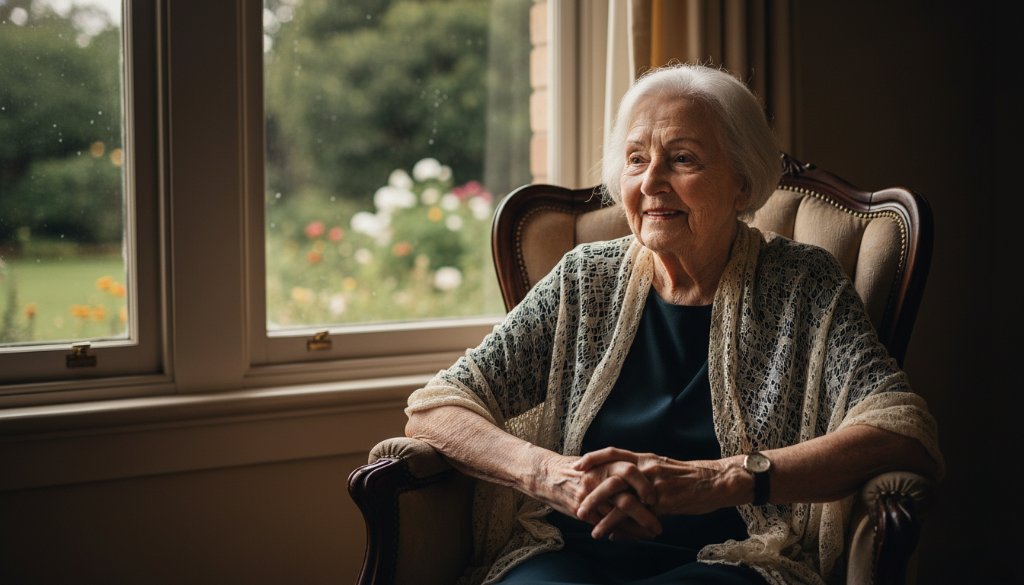 A dramatic, finely lit black and white portrait of a thoughtful elderly woman gazing out a window in a heritage Oakleigh South home, embodying Oakleigh South fine art photography for personal legacy with emotional depth.