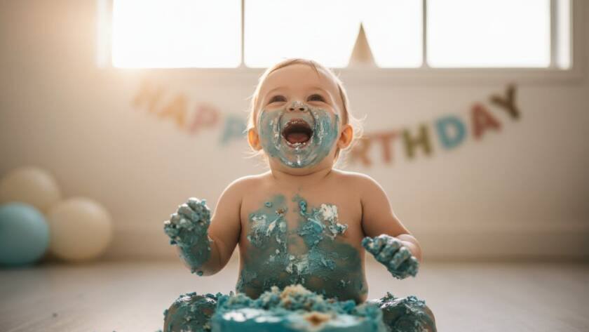 An 'epic moment' style photograph capturing a baby joyfully smashing a birthday cake during their Oakleigh South Memorable First Birthday Cake Smash Photography session, dramatic lighting highlights the baby's delighted, messy face, surrounded by colourful cake frosting and confetti, professional cinematic style.