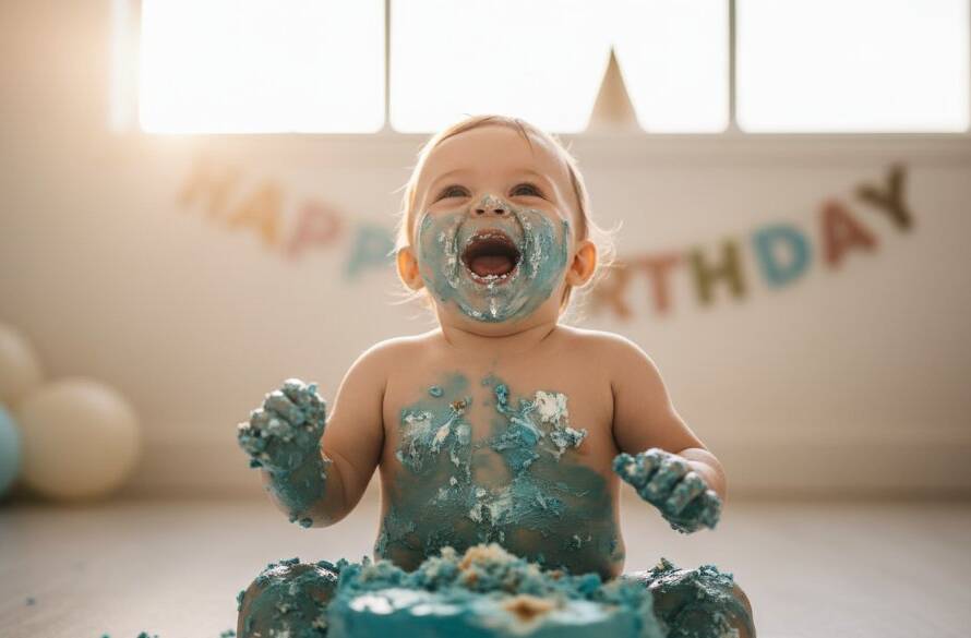 An 'epic moment' style photograph capturing a baby joyfully smashing a birthday cake during their Oakleigh South Memorable First Birthday Cake Smash Photography session, dramatic lighting highlights the baby's delighted, messy face, surrounded by colourful cake frosting and confetti, professional cinematic style.