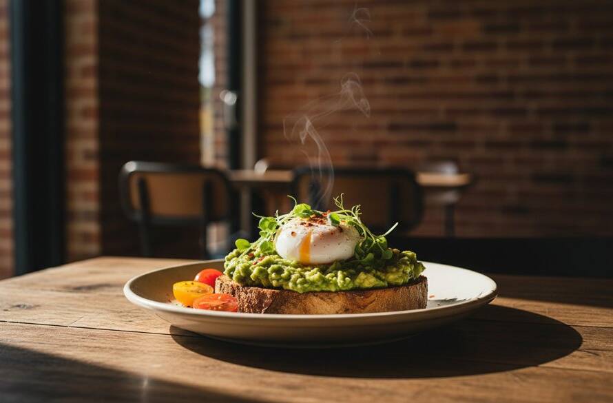 A dramatic close-up of a perfectly styled brunch plate featuring smashed avocado on sourdough with a poached egg and edible flowers, captured with vibrant natural light streaming into a cozy cafe in Oakleigh South, showcasing professional food photography for local cafes with an 'epic moment' feel.