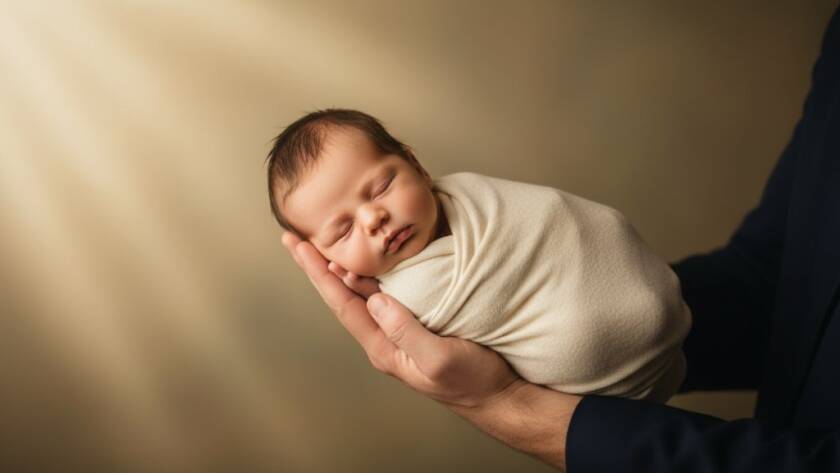 A heartwarming, professional photograph of a baby asleep in a rustic wooden basket, gently wrapped in a soft, cream blanket, with natural light streaming through a window in an Oakleigh South home, creating a serene and timeless scene of Oakleigh South's heartwarming baby photography.