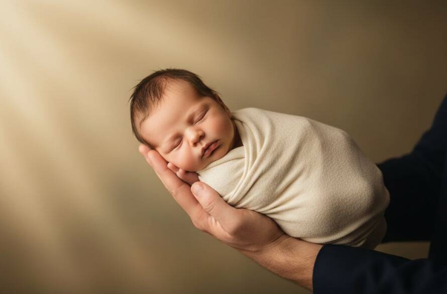 A heartwarming, professional photograph of a baby asleep in a rustic wooden basket, gently wrapped in a soft, cream blanket, with natural light streaming through a window in an Oakleigh South home, creating a serene and timeless scene of Oakleigh South's heartwarming baby photography.