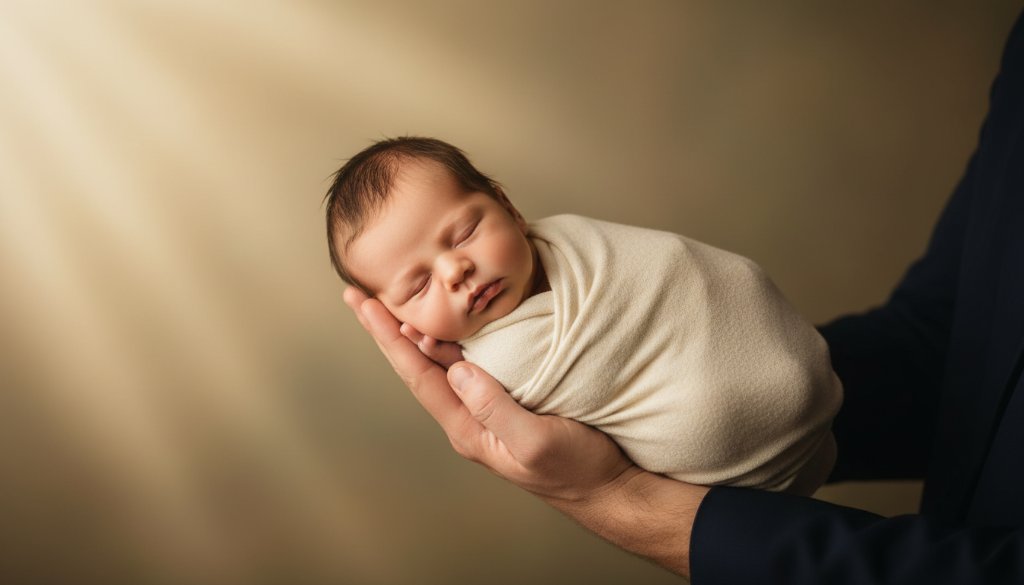 A heartwarming, professional photograph of a baby asleep in a rustic wooden basket, gently wrapped in a soft, cream blanket, with natural light streaming through a window in an Oakleigh South home, creating a serene and timeless scene of Oakleigh South's heartwarming baby photography.