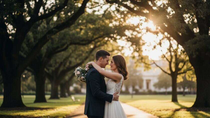 A joyful bride and groom sharing a heartfelt laugh under the soft golden light of dusk in a beautiful Oakleigh South garden, capturing their intimate wedding photography experience with genuine emotion.