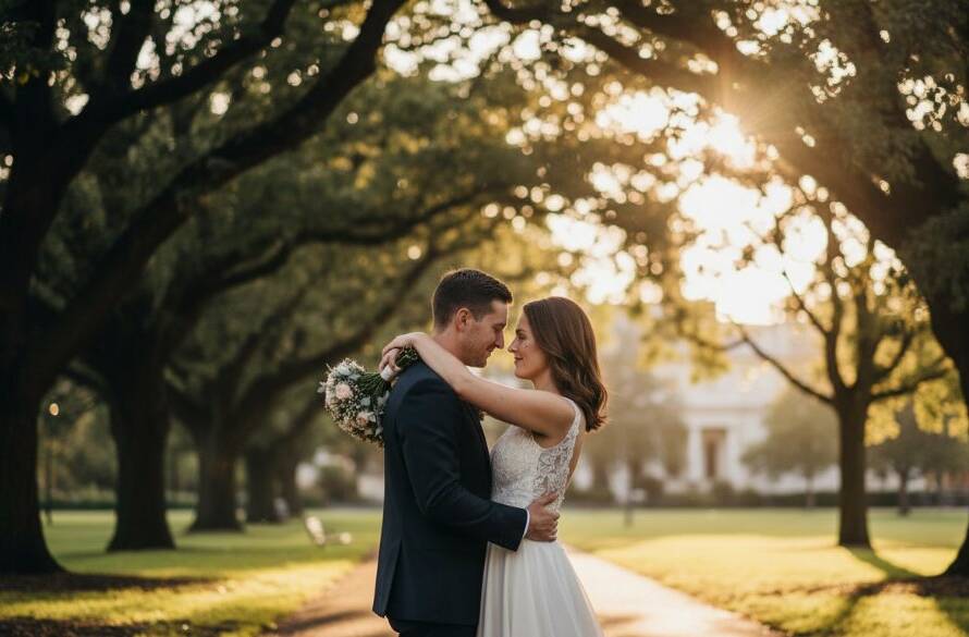 A joyful bride and groom sharing a heartfelt laugh under the soft golden light of dusk in a beautiful Oakleigh South garden, capturing their intimate wedding photography experience with genuine emotion.