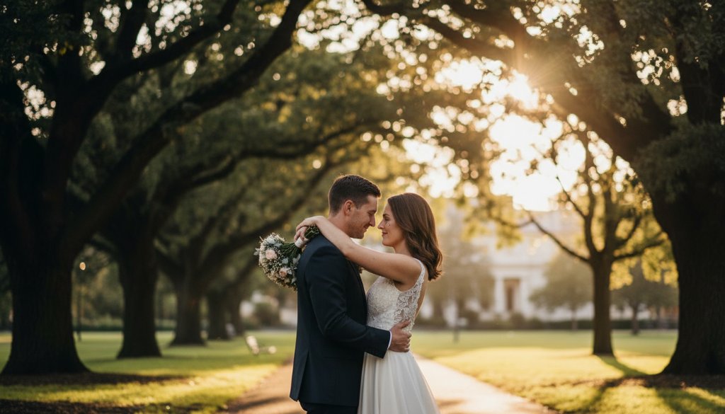 A joyful bride and groom sharing a heartfelt laugh under the soft golden light of dusk in a beautiful Oakleigh South garden, capturing their intimate wedding photography experience with genuine emotion.
