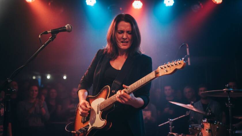 An Oakleigh South Live Music Photographer Capturing Energy during a dynamic performance, with a lead guitarist bathed in dramatic stage lighting, sweat flying, capturing an epic, raw moment of musical passion.
