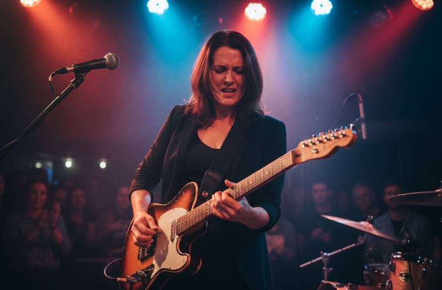 An Oakleigh South Live Music Photographer Capturing Energy during a dynamic performance, with a lead guitarist bathed in dramatic stage lighting, sweat flying, capturing an epic, raw moment of musical passion.