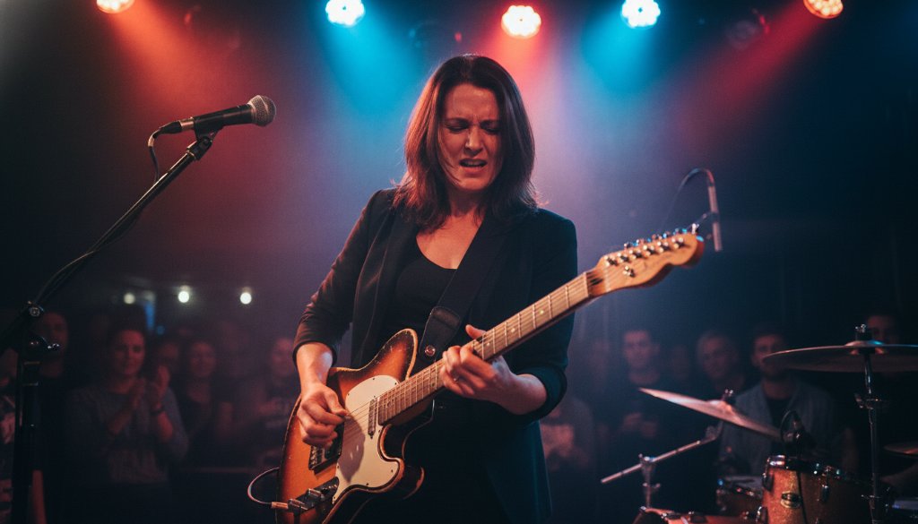An Oakleigh South Live Music Photographer Capturing Energy during a dynamic performance, with a lead guitarist bathed in dramatic stage lighting, sweat flying, capturing an epic, raw moment of musical passion.