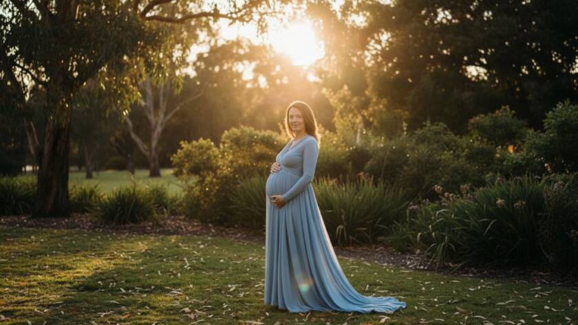 A serene outdoor Oakleigh South maternity photoshoot capturing glowing beauty, featuring a pregnant woman in a flowing gown at sunset, silhouetted against a golden sky in a lush Oakleigh South park, evoking a sense of calm and anticipation. Professional, cinematic composition.