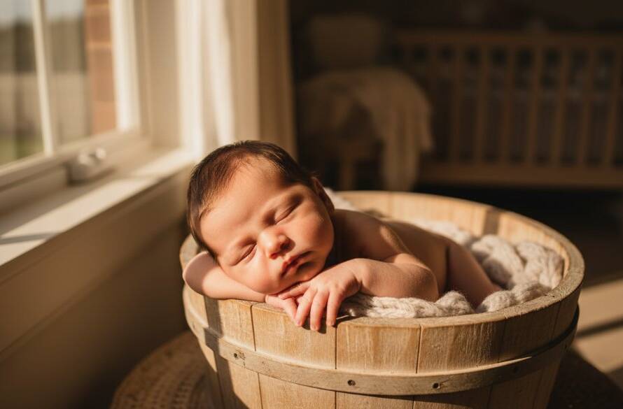 An intimate and tender high-angle view capturing an Oakleigh South newborn photography at home lifestyle session, showing a parent's hands gently cradling their baby's tiny feet bathed in soft window light, creating a timeless and emotionally resonant epic moment.