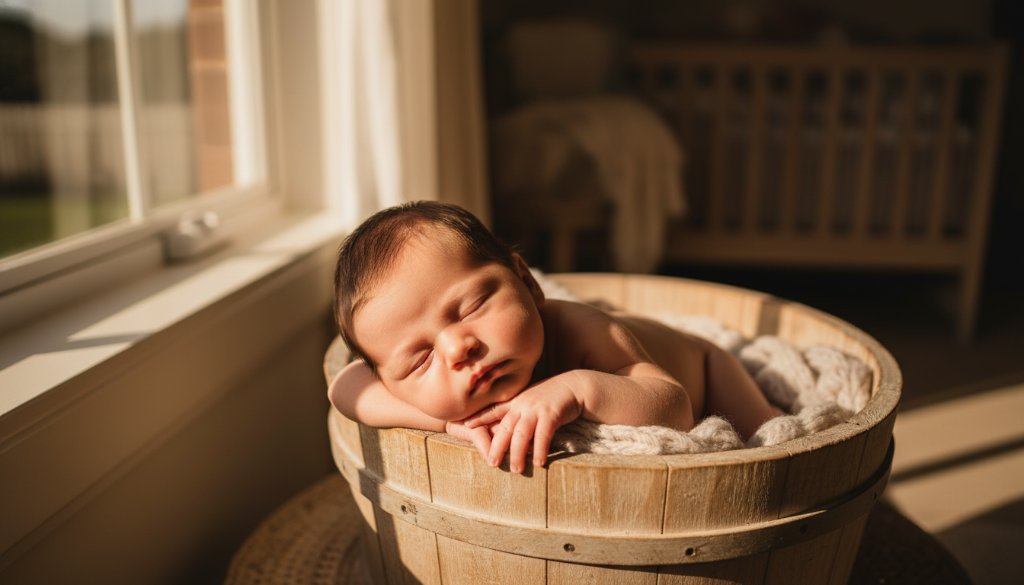 An intimate and tender high-angle view capturing an Oakleigh South newborn photography at home lifestyle session, showing a parent's hands gently cradling their baby's tiny feet bathed in soft window light, creating a timeless and emotionally resonant epic moment.