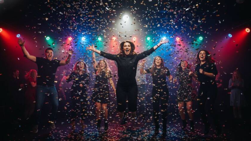 An ecstatic group of friends in Oakleigh South party photography capturing genuine joy, mid-dance under festive lights at a local venue, confetti frozen in the air, professionally captured with dramatic backlighting and vibrant colours.