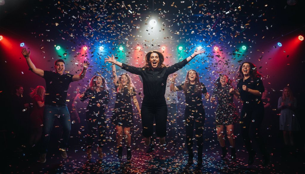 An ecstatic group of friends in Oakleigh South party photography capturing genuine joy, mid-dance under festive lights at a local venue, confetti frozen in the air, professionally captured with dramatic backlighting and vibrant colours.